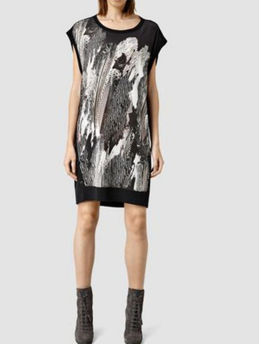 All Saints Black & White Alna Abstract Silk Wool Blend Shift Dress Size Large